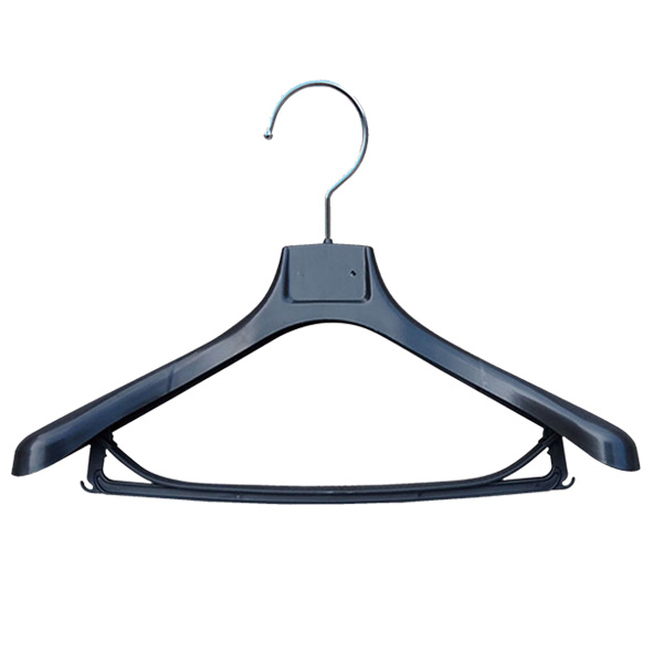 Wide Shoulders Black Plastic Flocked Coat Hangers Plastic Suit Hangers with Bar for Clothing Store